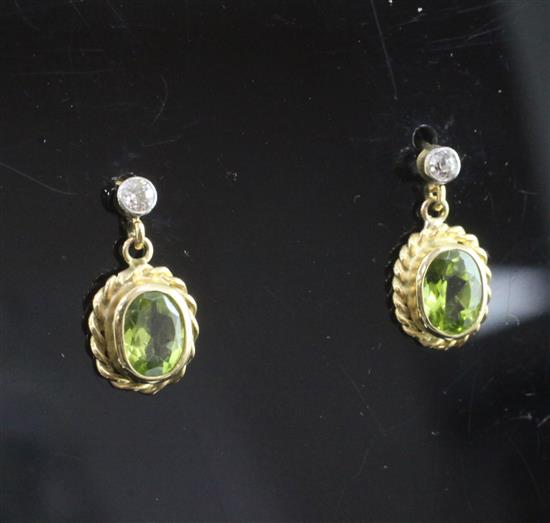 A pair of 18ct gold, peridot and diamond drop earrings, 16mm.